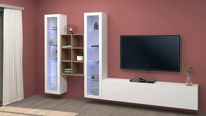 Dmora - TV wall unit Eros, Living room set TV stand with 3 doors, Multipurpose living room furniture with showcase and LED light, 100% Made in Italy, cm 320x30h180, Glossy white