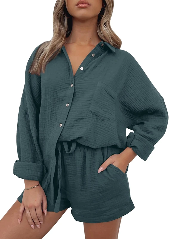 AUTOMET 2 Piece Sets For Women Lounge Wear Matching Two Piece Pajama Fashion Oversized Shirts And Shorts Spring Outfit 2025, 01greyblue, L