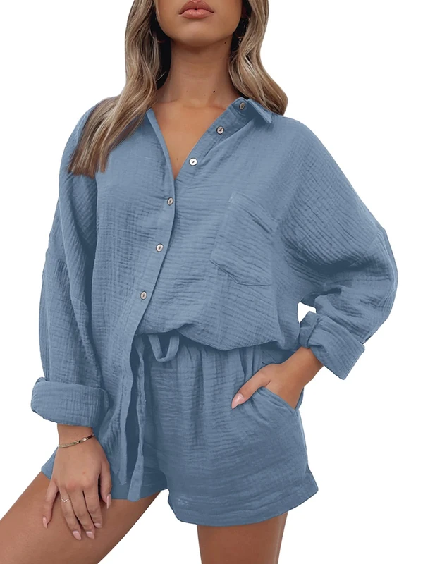 AUTOMET 2 Piece Sets For Women Lounge Wear Matching Two Piece Pajama Fashion Oversized Shirts And Shorts Spring Outfit 2025, 01blue, M