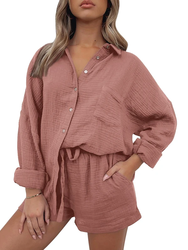AUTOMET 2 Piece Sets For Women Lounge Wear Matching Two Piece Pajama Fashion Oversized Shirts And Shorts Spring Outfit 2025, 01rust, XL