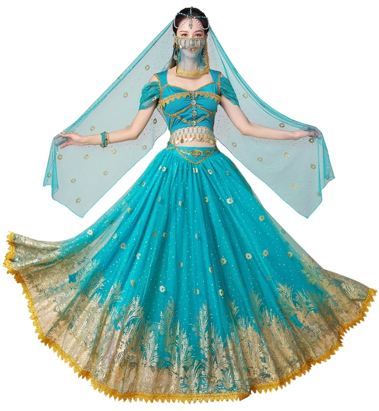 ELLYDOOR Princess Jasmine Costumes for Women Adult Aladdin Dress UP Halloween Cosplay Belly Dance Outfit, Jasmine Blue, Medium