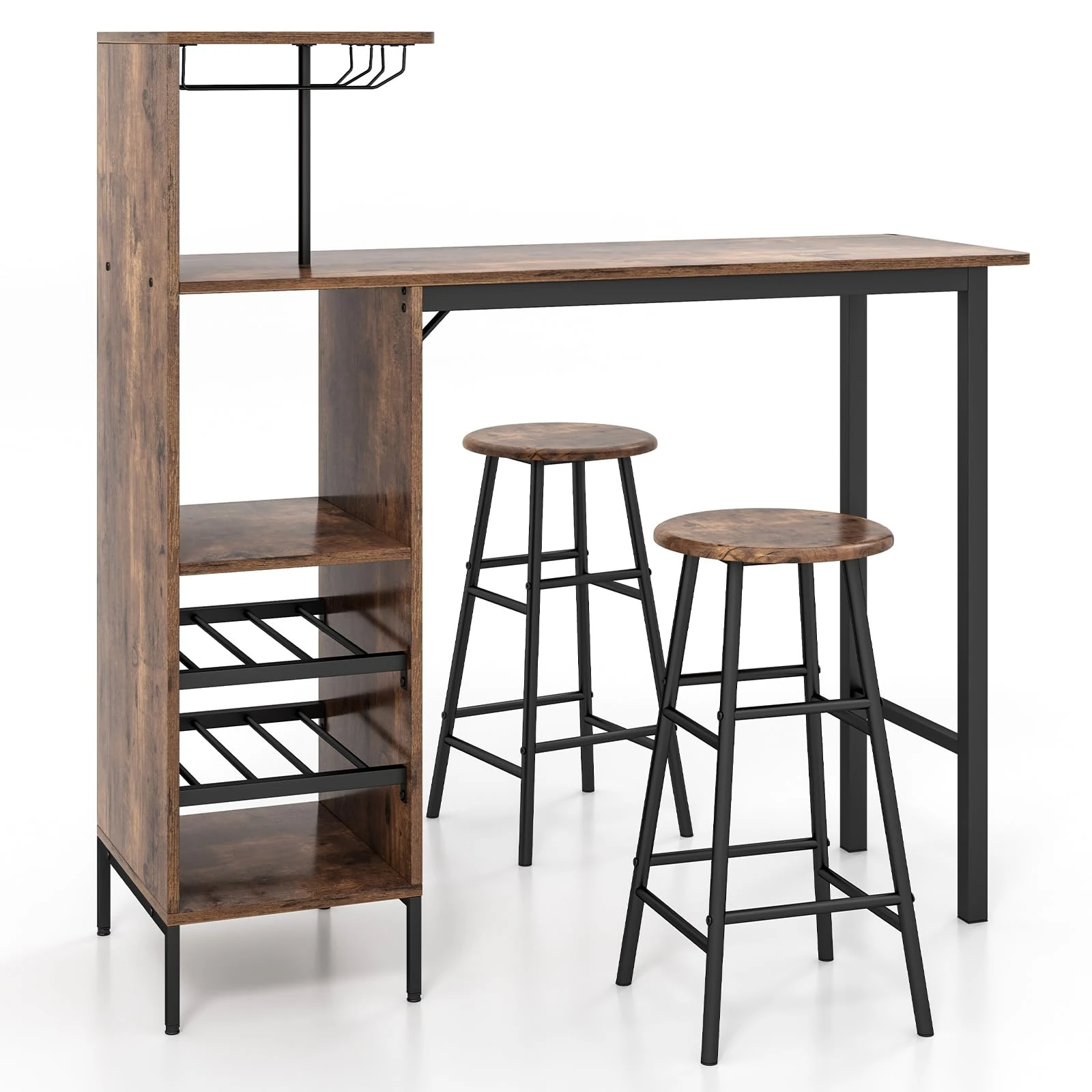 COSTWAY 3 Piece Bar Table Set, Kitchen Table and Stools with Glass Holders, Wine Racks, Storage Shelves & Adjustable Foot Pads, Counter Height Dining Table Set for Bistro Living Room (Rustic Brown)