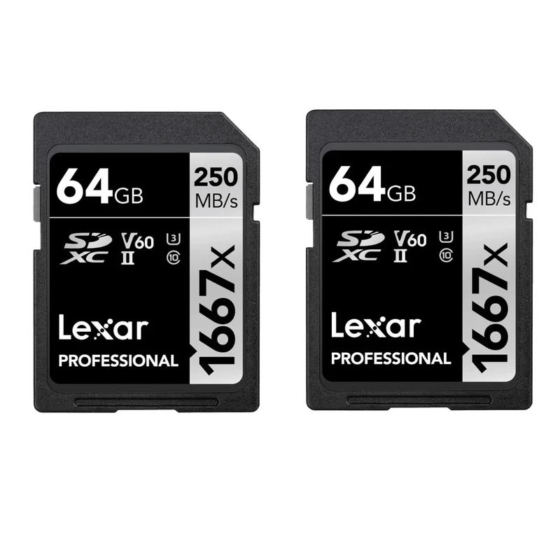 Lexar Professional 1667x SD Card 64GB 2-Pack, SDXC UHS-II Memory Card, Up to 250MB/s Read, 120MB/s Write, Class 10, U3, V60, for Professional Photographer, Videographer, Enthusiast (LSD1667064G-B2NAA)