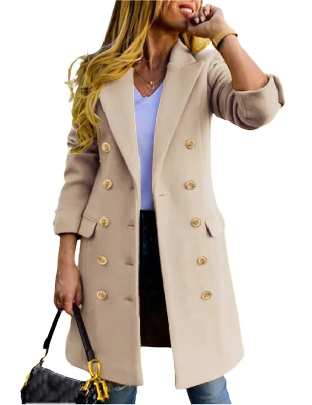 IDEALSANXUN Womens Fall Winter Wool Coats Double Breasted Midi Peacoat Trench Coats, Beige, XXL