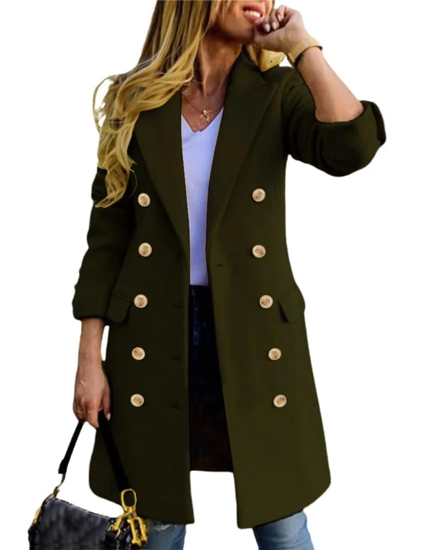 IDEALSANXUN Womens Fall Winter Wool Coats Double Breasted Midi Peacoat Trench Coats, Army, L