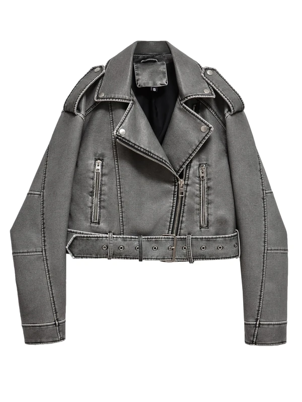 LY VAREY LIN Women Faux Leather Cropped Jacket Lapel Zipper Biker Short Coat with Belt, 2371grey, Large