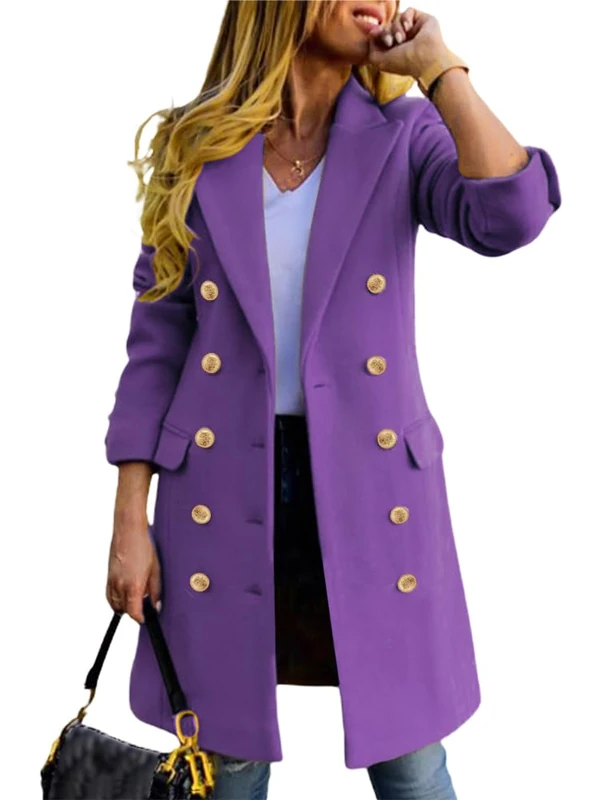 IDEALSANXUN Womens Fall Winter Wool Coats Double Breasted Midi Peacoat Trench Coats, Purple, M