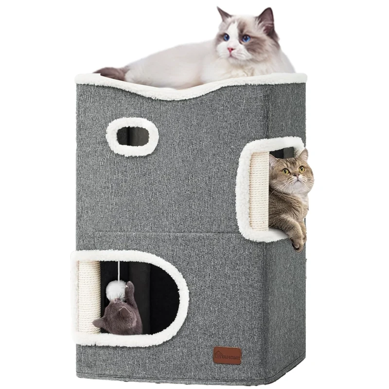 YITAHOME Cat Cave, Cat Beds for Indoor, Multifunctional Cat House with Scratching Post & Ball, Bed, Basic Tree, Cute Tower,Furniture, Hideaway, Condo (Grey)