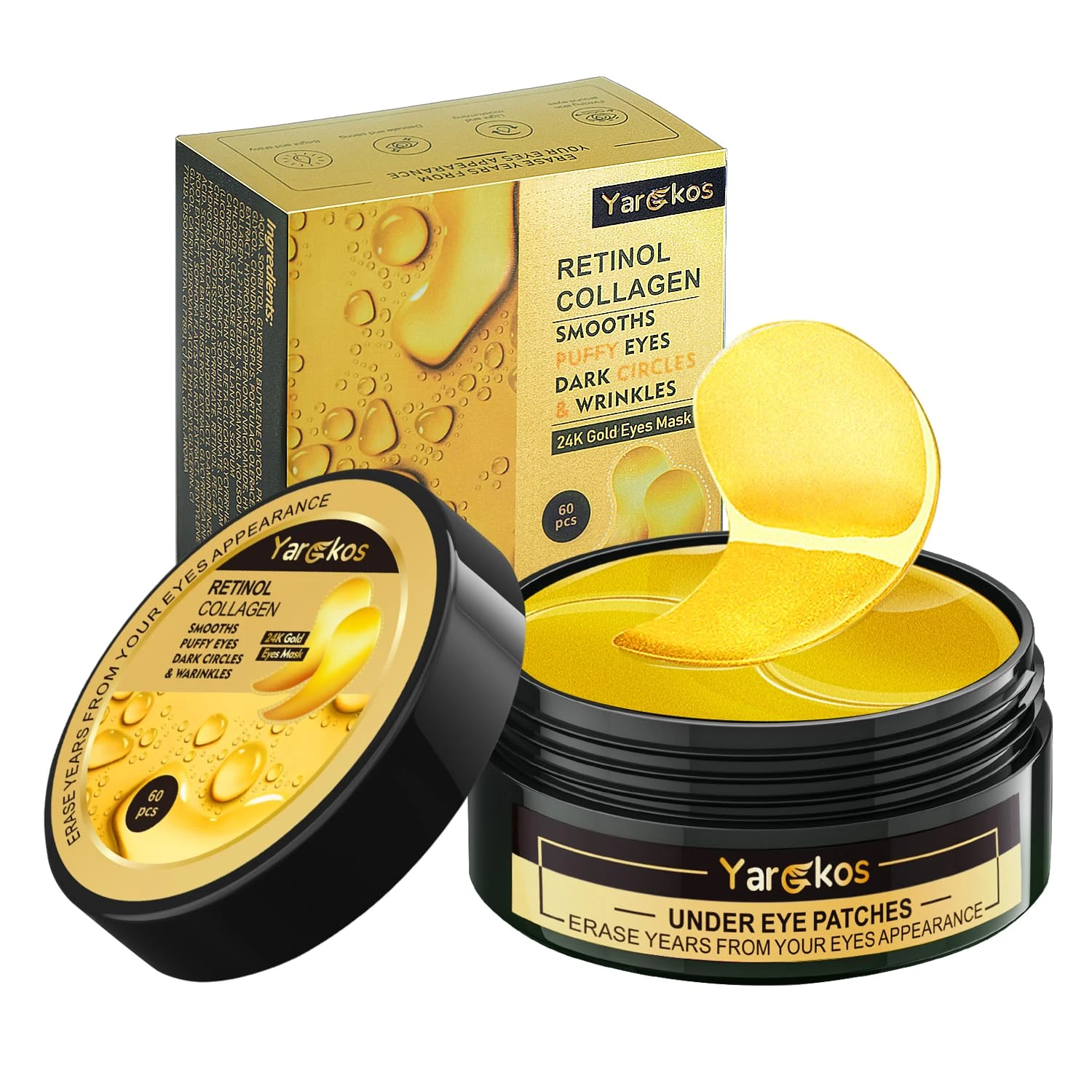 24K Gold Undereye Mask (60 Pcs), Collagen Hydrating Gel Pads, Reduce Puffiness, 30 Pairs Under Eye Patches for Dark Circles Puffy Eyes Treatment, Wrinkle, Women Men Beauty Personal Skin Care Products