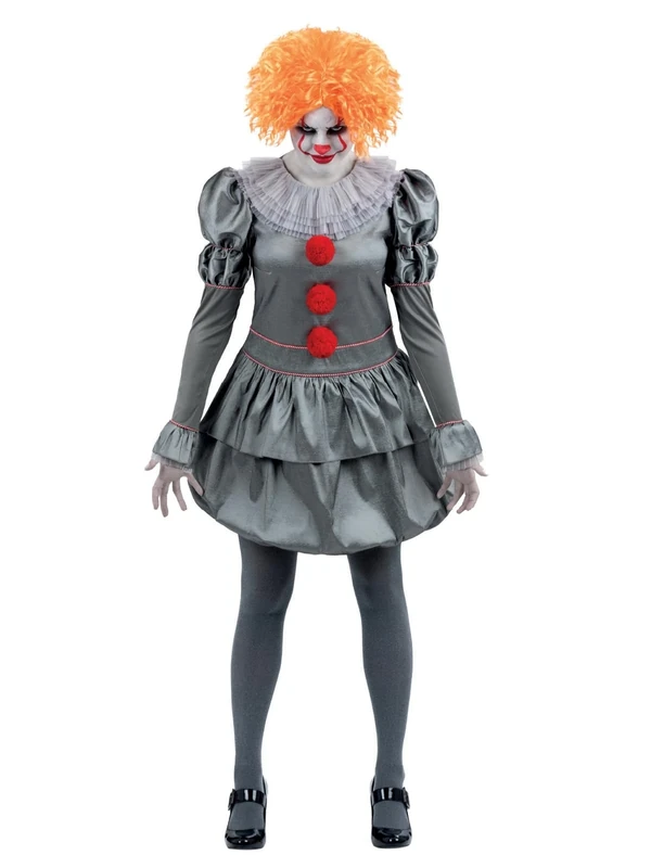 Smiffys IT Chapter Two Pennywise Costume for Adults, Dress with Neck Ruffle and Tights, Grey, Officially Licensed, Ideal for Halloween, Stag and Hen Nights, and Playful Fancy Dress, World Book Day