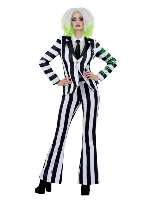 Smiffys Beetlejuice Women's Adult Costume with Jacket Trousers and Tie Black and White Stripes with Writing Down Sleeve Officially Licensed Warner Brothers Halloween Costume, Small