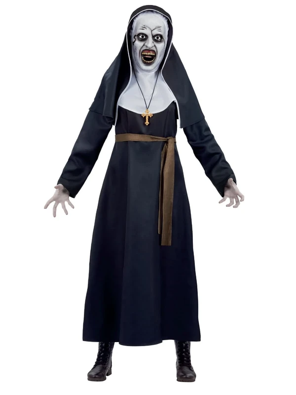Smiffys The Nun Valak Costume for Adults, Habit, Headpiece, Belt, Cross Necklace & Mask, Official Nun License Costume with Necklace Detail & Headpiece Included, Perfect for Halloween & Themed Parties