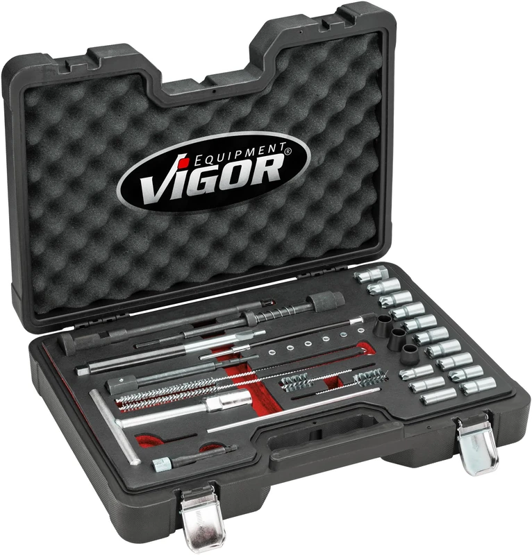 ViGOR V4941N Injector Shaft Cleaning Kit for Diesel Direct Injection and Common-Rail Engines Includes Centring Crowns and Sealing Plugs for Bosch and Delphi Injectors