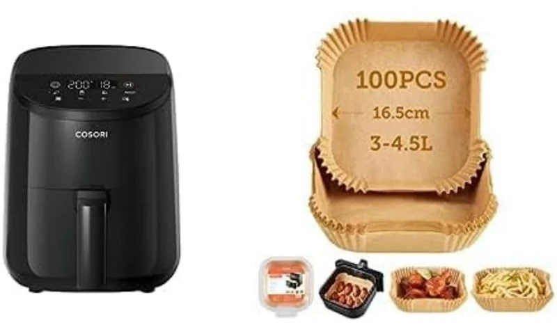 COSORI Small Air Fryer, Simple Touch-control and Led Display Screen, 900W, Energy-saving & COSORI Air Fryer Liners, 100 PCS Unbleached Non-Stick Square Disposable Airfryer Paper Liner