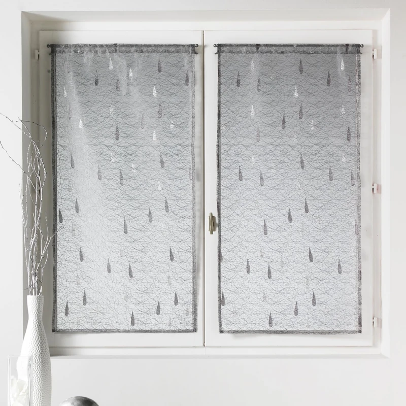 Homemaison - Pair of Small Organza And Jacquard Sheer Curtains with Drops Pattern - Polyester - Rod Pocket Hem - Kitchen Living Room - 80 x 160 cm - Light Grey