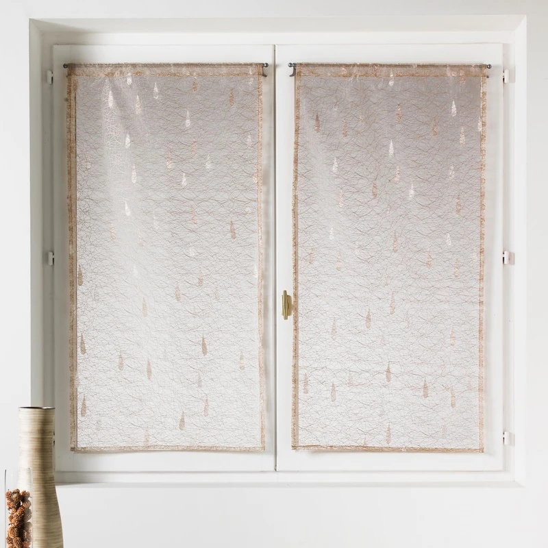 Homemaison - Pair of Small Organza and Jacquard Sheer Curtains with Drops Pattern - Polyester - Rod Pocket Hem - Kitchen Living Room - 80 x 160 cm - Ivory