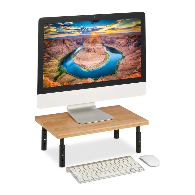 Relaxdays Monitor Stand, Height Adjustable, HxWxD: 16 x 42 x 26.5 cm, Screen Raiser for Desk, Bamboo, Natural/Black
