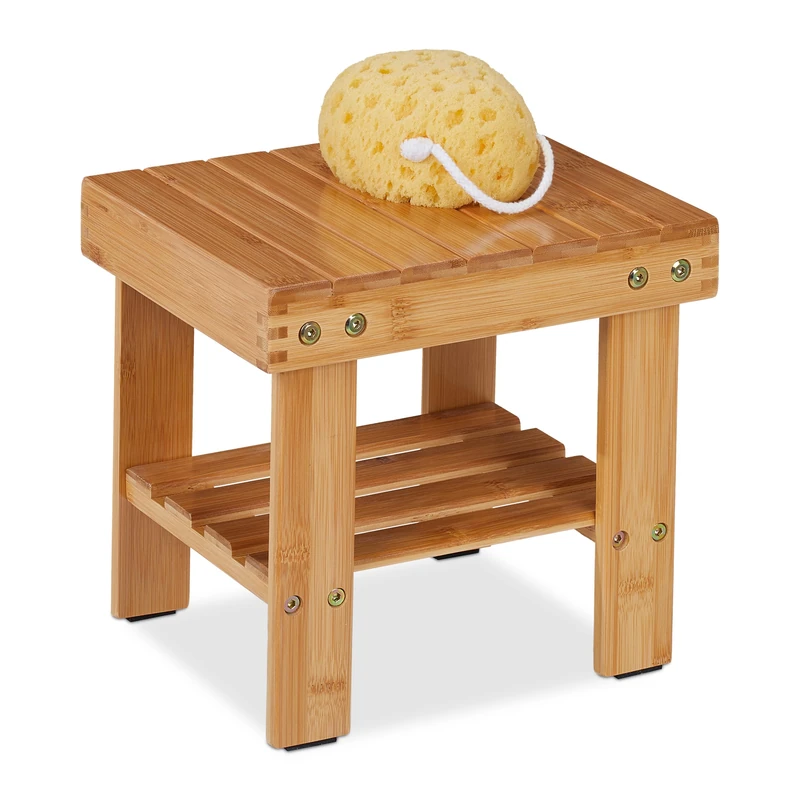 Relaxdays Bamboo Bathroom Stool, Shower Bench, Plant Stand, Storage, HWD: 45 x 55 x 40.5 cm, Seat for 1 Person, Natural, 26 x 27 x 22.5 cm