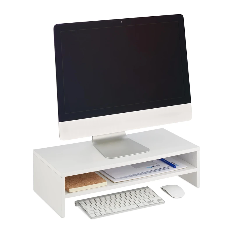 Relaxdays Monitor Stand, Additional Compartment, HWD 14.5 x 54 x 25.5 cm, Computer Screen Raiser for Desk, Modern, White, Fibreboard