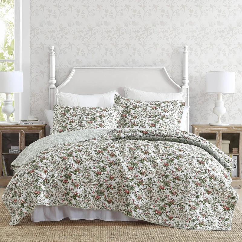 Laura Ashley - Queen Quilt Set, Reversible Cotton Bedding with Matching Shams, Floral Bedroom Decor for All Seasons (Bramble Floral Green, Queen)