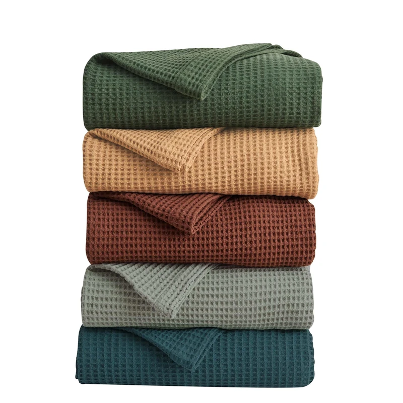 100% Cotton Green Blanket King Size for Bed - Breathable and Soft, Waffle Weave for Summer Spring, 102x90 Inches (Forest Green).