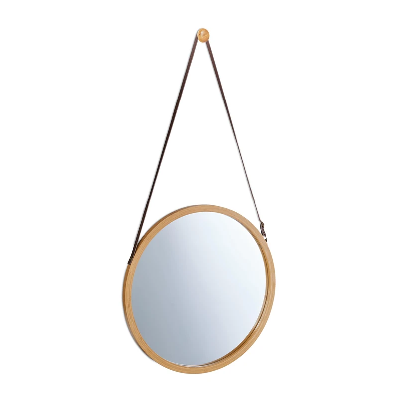 Relaxdays Round Hanging Mirror, Adjustable Strap, Bamboo Frame, Modern, Hallway, Bathroom & Guest WC, ∅: 38 cm, Natural - Image 1
