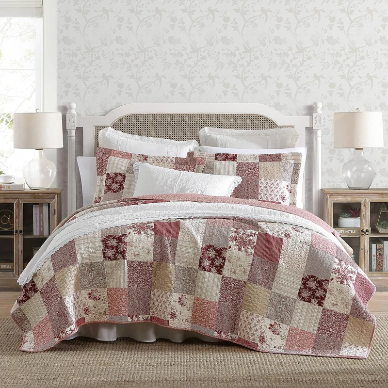 Laura Ashley - Queen Quilt Set, Reversible Cotton Bedding with Matching Shams, Patchwork Inspired Home Decor (Celina Patchwork Red, Queen)
