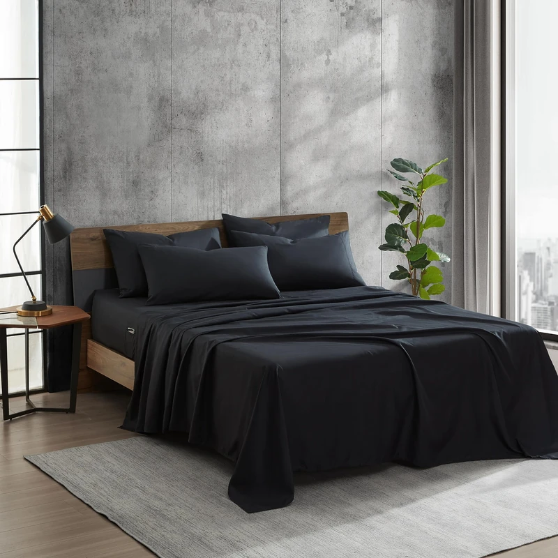 Kenneth Cole - Solutions Queen Sheets, Soft Recycled Polyester 6-Piece Bedding Set, Wrinkle-Resistant and Cooling Finish (Solid Black, Queen)