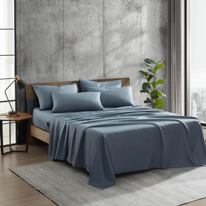 Kenneth Cole - Solutions Queen Sheets, Soft Recycled Polyester 6-Piece Bedding Set, Wrinkle-Resistant and Cooling Finish (Solid Blue, Queen) - Image 1
