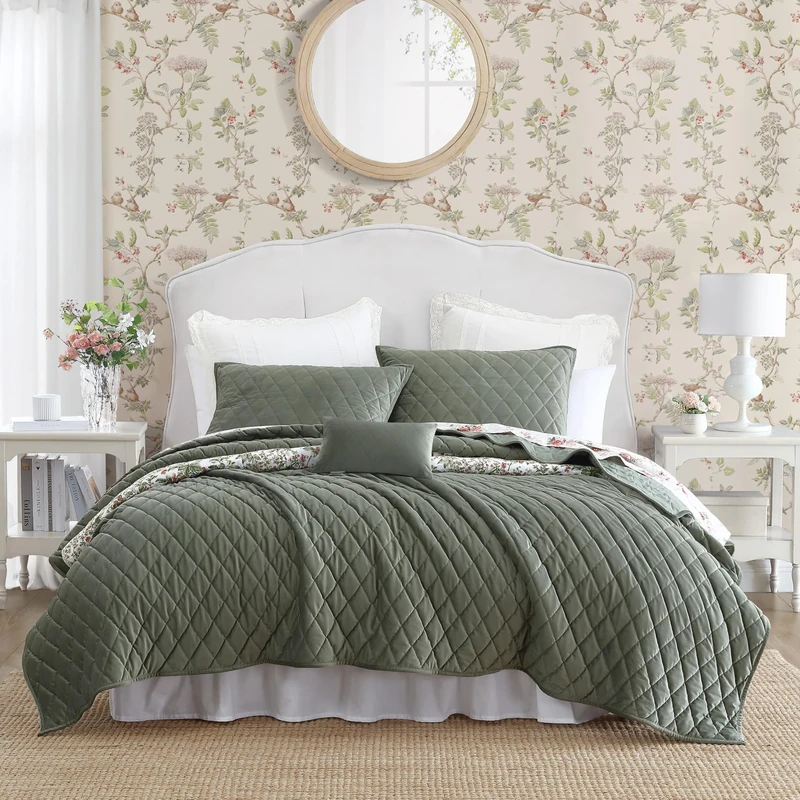 Laura Ashley - King Quilt Set, Solid Velvet Reversible Bedding, All Season Home Decor with Shams & Bonus Pillow Cover (Diamond Stitch Dark Green, King)
