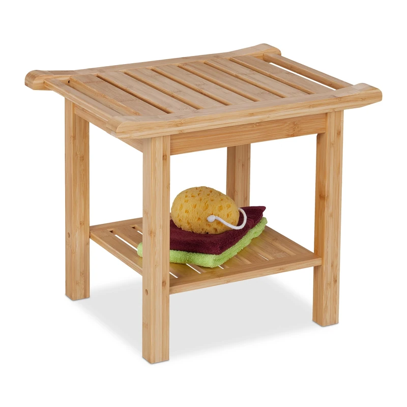 Relaxdays Bamboo Bathroom Bench, Extra Shelf & Handles, Versatile, HxWxD: 45 x 55 x 40.5 cm, Seat for 1 Person, Natural