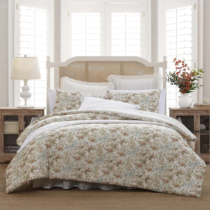 Laura Ashley - King Comforter Set, Reversible Cotton Bedding with Matching Shams, Floral Home Decor with Plaid Reverse (Bramble Floral Beige, King)