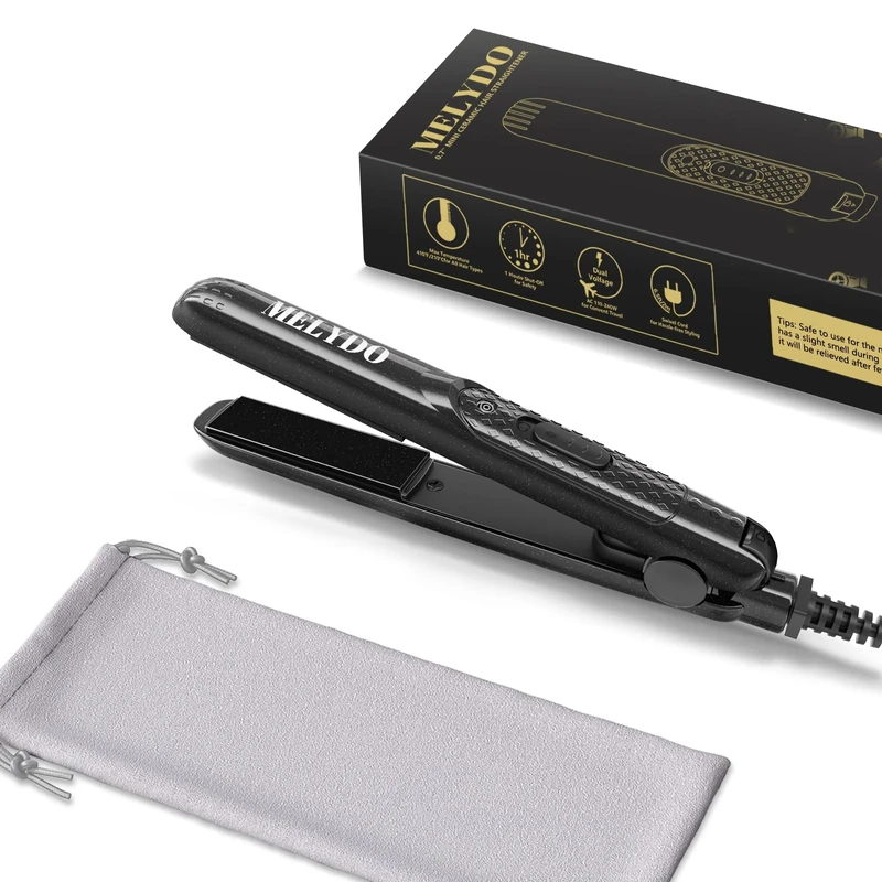 MELYDO Mini Hair Straighteners, Ceramic Mini Straightener for Short Hair/Bangs, Travel Hair Straighteners Dual Voltage, UK Plug(Black)