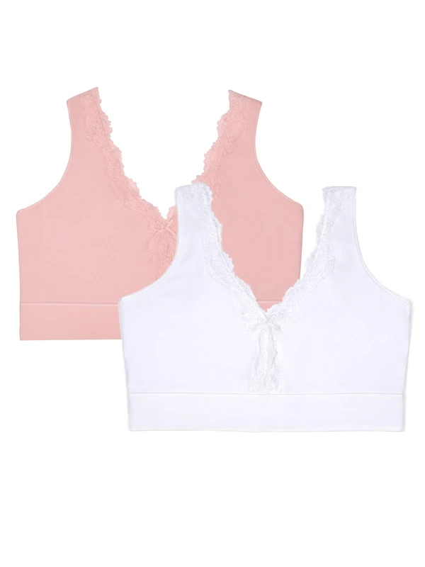 Fruit of the Loom Women's Full Coverage Wireless Cotton Bralette Bra, Opaque, Blushing Rose/White, L