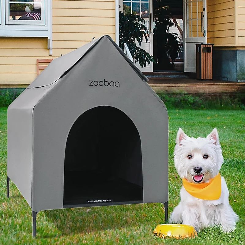 Zooba 29" 2-in-1 Dog House for Medium Dogs, Elevted Dog House Outdoor/Indoor, Weatherproof Elevated Pet Shelter, Breathable Mesh & Steel Frame, Easy to Assemble & Clean(Grey)