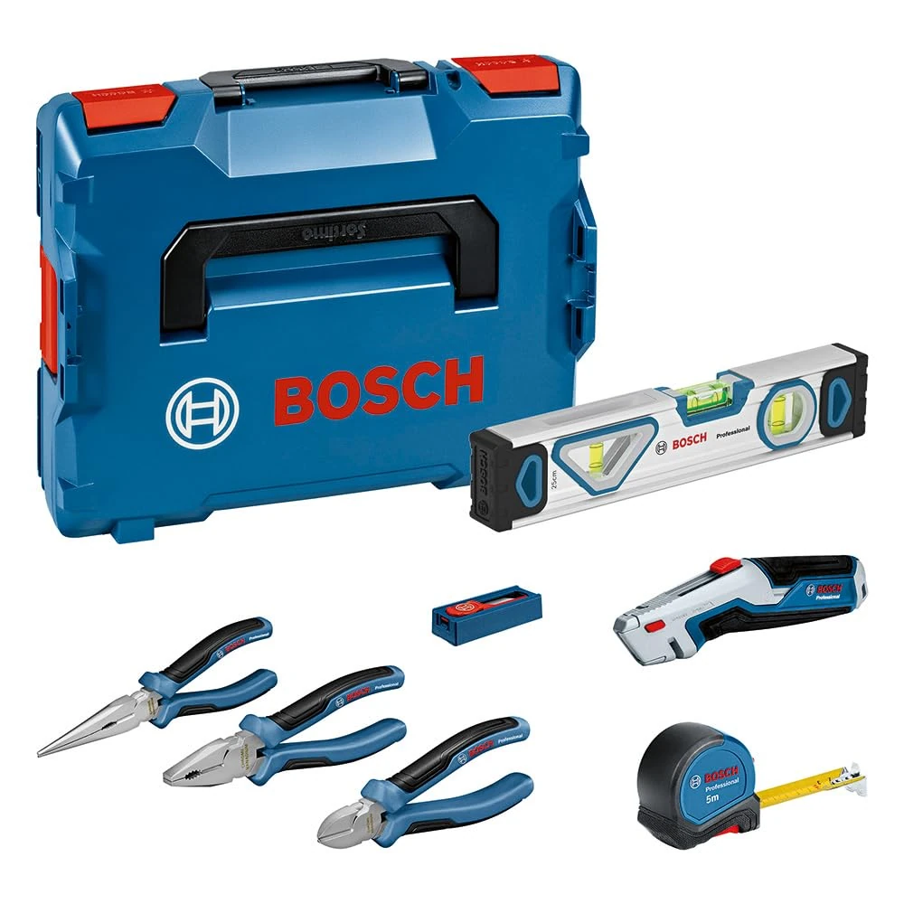 Bosch Professional 13 Pieces Handtools Kit (incl. 2X Pliers, 1x Cutter, 1x Tape Measure, 1x 25cm Level, 1x Knife, 10 x Spare Blades, L-BOXX)