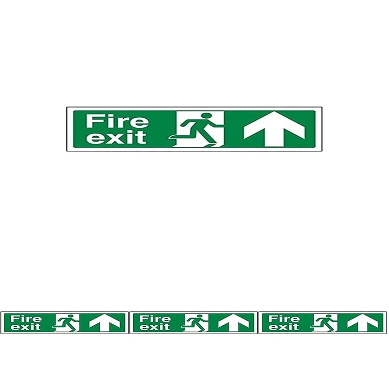 VSafety Fire Exit Arrow Up Sign - Landscape - 300mm x 100mm - 1mm Rigid Plastic (Pack of 4)