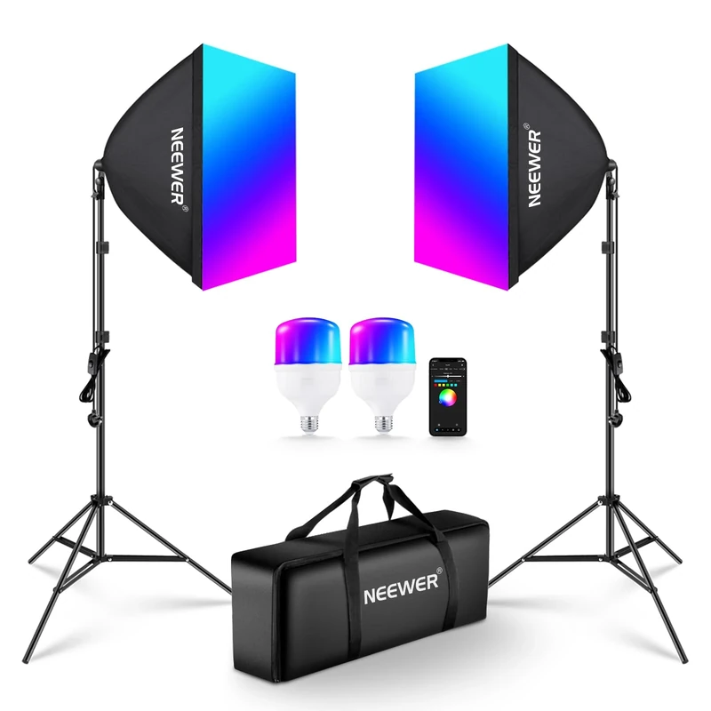 Neewer RGB Softbox Lighting Kit with App Control & 9 Effect Modes, 2 Pack 24W CE/UKCA Certified LED Bulbs CRI93+ TLCI98+, E27 Porcelain Sockets, 24" Softboxes, for Studio Photography Lighting, NK800