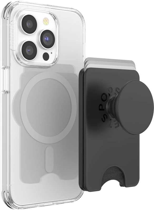 PopSockets Phone Wallet with Expanding Grip and Adapter Ring for MagSafe, Phone Card Holder, Wireless Charging Compatible, Wallet Compatible with MagSafe - Black