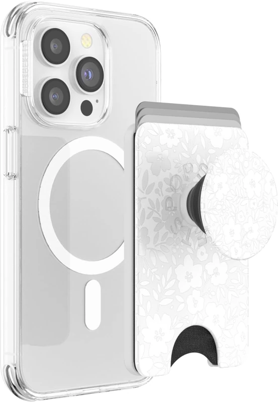 PopSockets Phone Wallet with Expanding Grip and Adapter Ring for MagSafe, Phone Card Holder, Wireless Charging Compatible, Wallet Compatible with MagSafe - Blanc Fresh