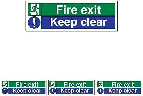 VSafety Fire Exit/Keep Clear Sign - Landscape - 300mm x 100mm - 1mm Rigid Plastic (Pack of 4)