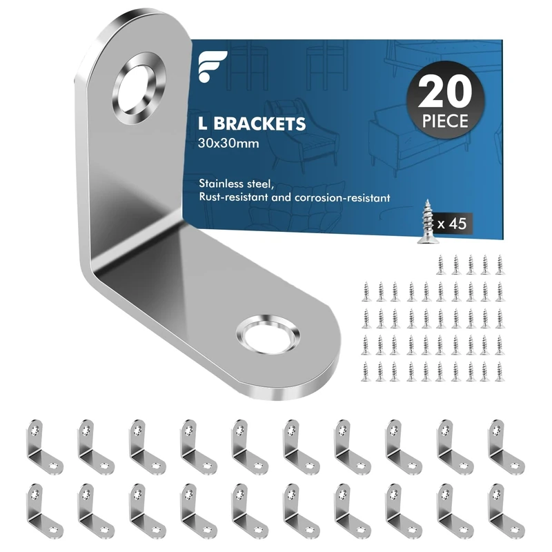 shinfly Angle Brackets 20 pcs + 45 Screws - 30x30mm L Brackets