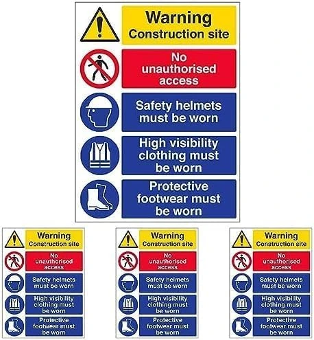 VSafety Multi Hazard Site Safety High Viz Warning Sign - Portrait - 300mm x 400mm - Self Adhesive Vinyl (Pack of 4)