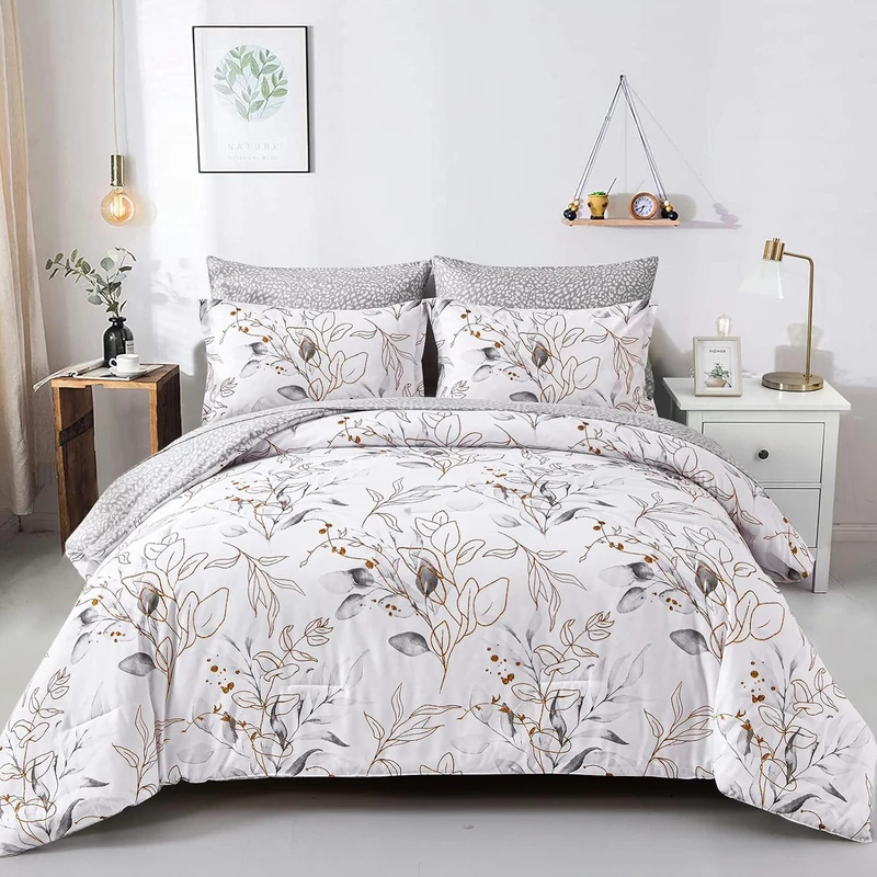 WONGS BEDDING 7 Pieces Botanical Comforter Set Full, Floral Reversible Bed in a Bag Grey Golden Leaves Bedding Set (1 Comforter,2 Pillowcase,2 Pillow Shams,1 Flat Sheet,1 Fitted Sheet)