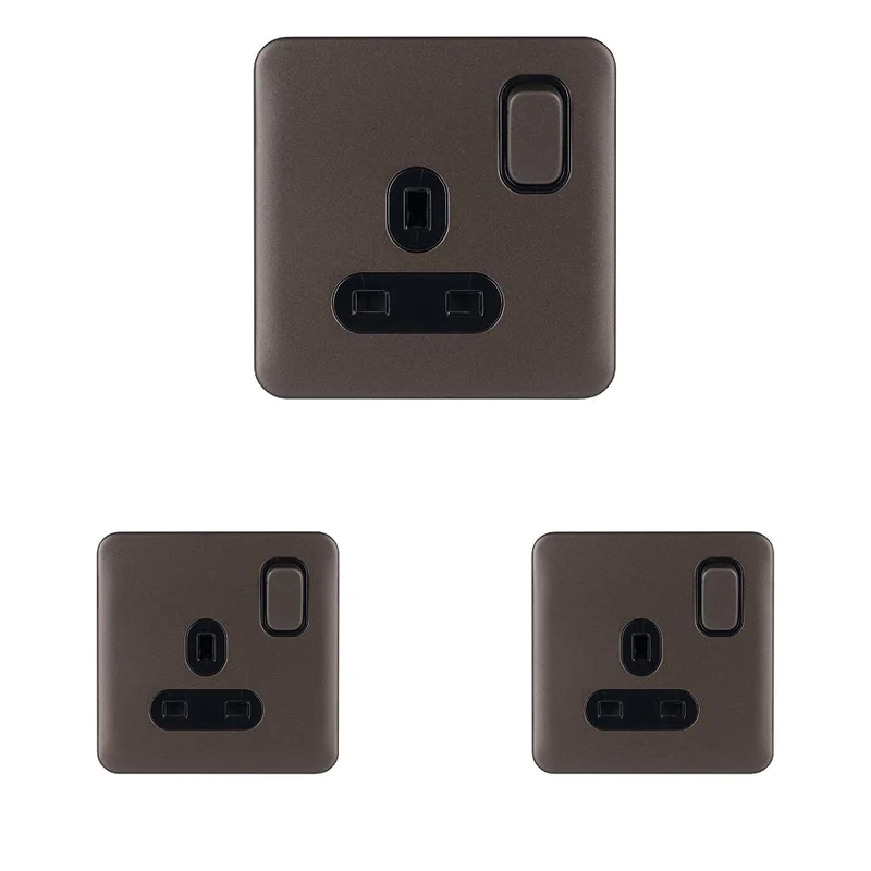 Schneider Electric Lisse Screwless Deco - Switched Single Power Socket, 13A, Double Pole, GGBL3010DBMB, Mocha Bronze with Black Insert (Pack of 3)