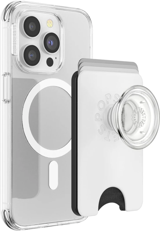 PopSockets Phone Wallet with Expanding Grip and Adapter Ring for MagSafe, Phone Card Holder, Wireless Charging Compatible, Wallet Compatible with MagSafe - White Clear