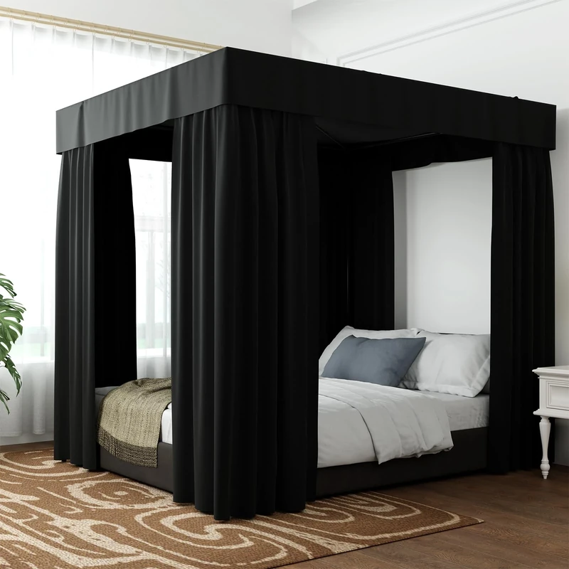 Hvqic Black Canopy Bed - King Bed Curtains Lightproof Drapes for Adults & Girls Bedroom Decoration