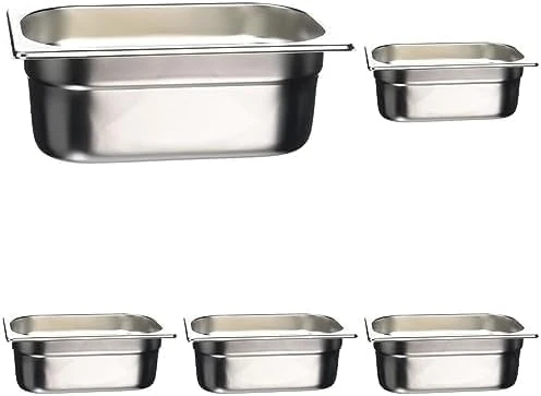Vogue K819 Stainless Steel1/4 Gastronorm Pan 2.5Ltr/100mm Deep Food Container, Silver (Pack of 5)