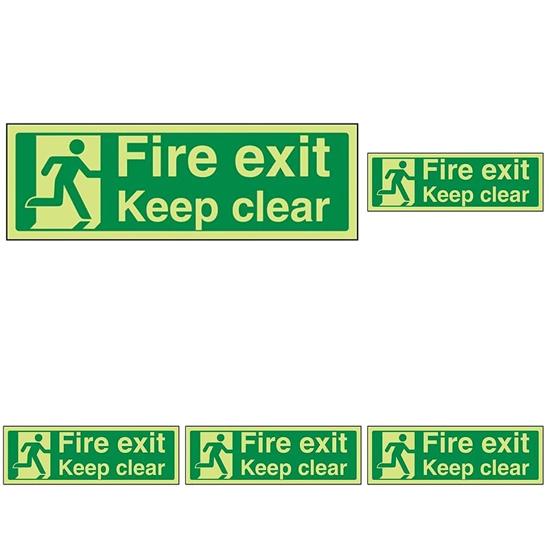 VSafety Glow In The Dark Fire Exit Keep Clear Sign - 300mm x 100mm - Self Adhesive Vinyl (Pack of 5)