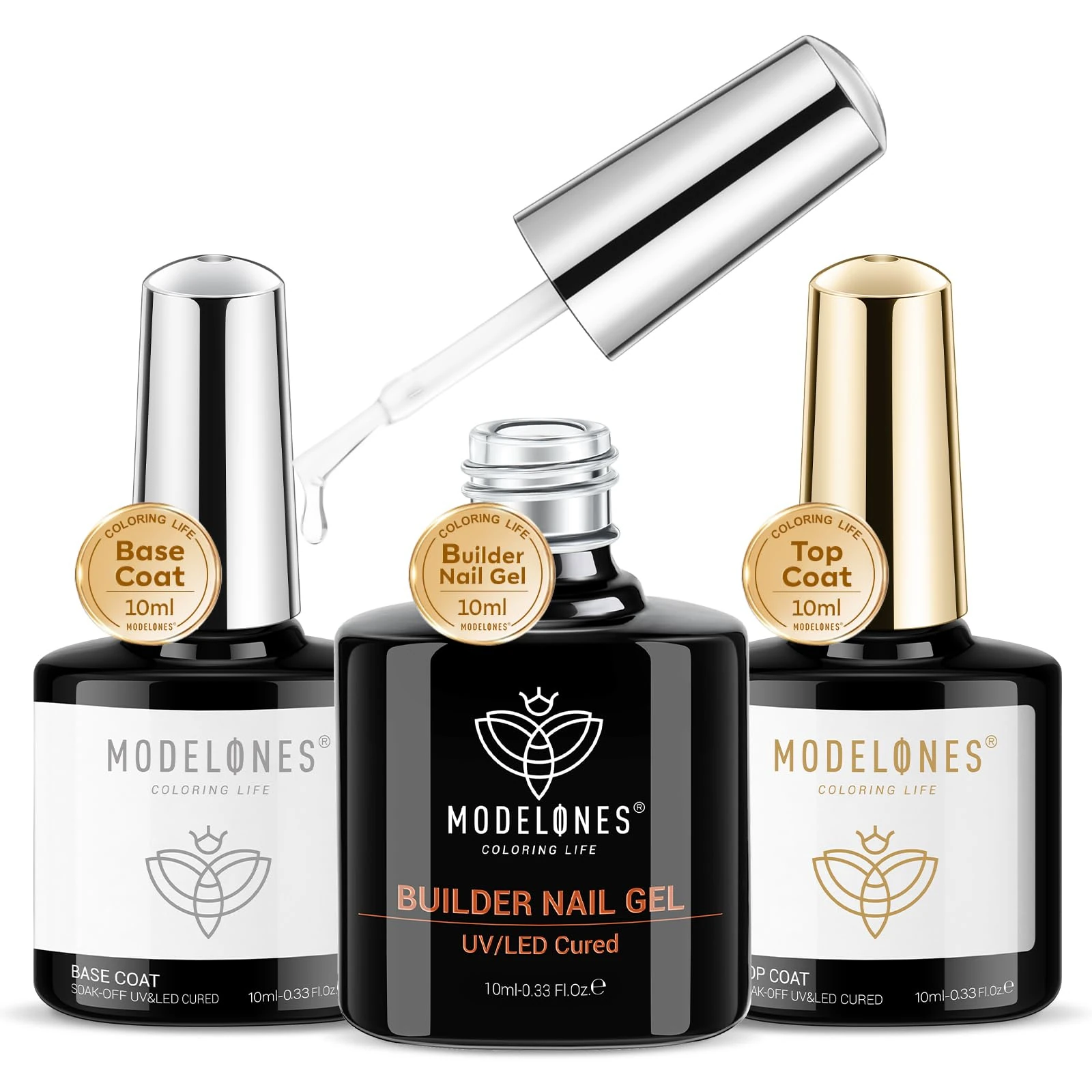 Modelones Builder Gel with Base and Top Coat Set, 3Pcs No Wipe Base and Top Coat Gel Nail Polish with Gel Builder for Nails, Transparent Builder Strengthener Hard Gel Builder Gel in a Bottle 10ML
